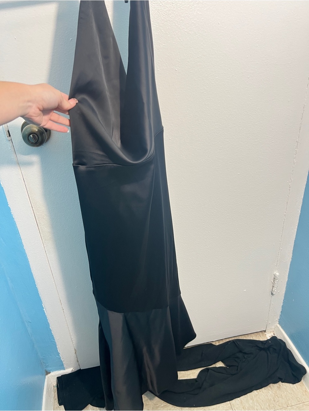 Oh Polly Elegant Black Satin Backless Halter Midi Dress